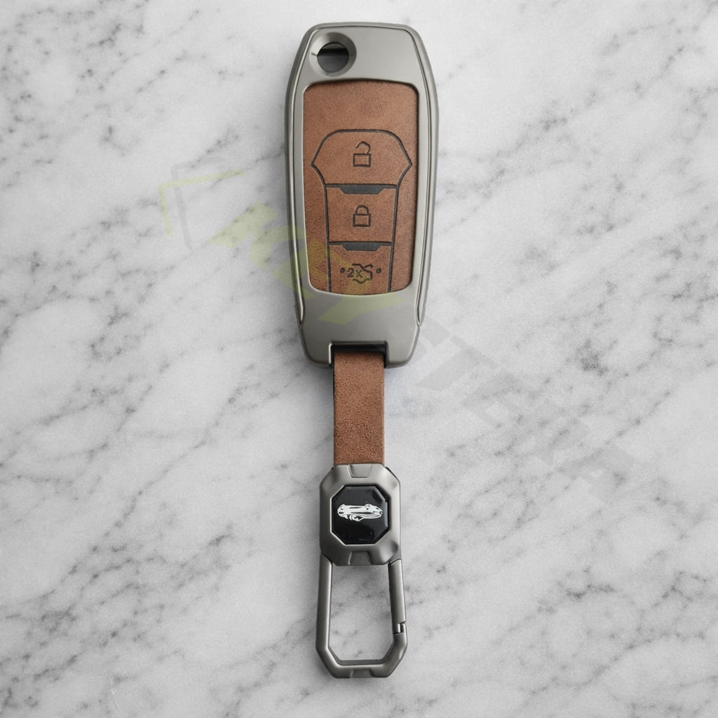 Metal Leather Brown Key Cover Compatible For Ford : Figo, Aspire, Endeavour (3 Button Flip Key)