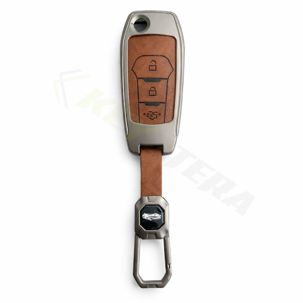 Metal Leather Brown Key Cover Compatible For Ford : Figo, Aspire, Endeavour (3 Button Flip Key)