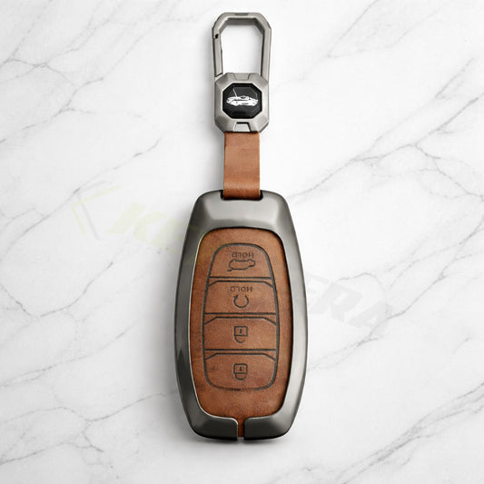 Metal Leather Brown Key Cover Compatible For Hyundai: i20, Verna 2023 onwards (4 button smart key)
