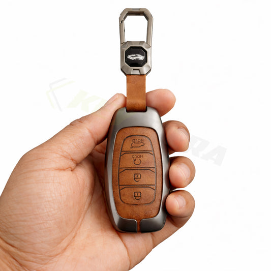 Metal Leather Brown Key Cover Compatible For Hyundai: i20, Verna 2023 onwards (4 button smart key)