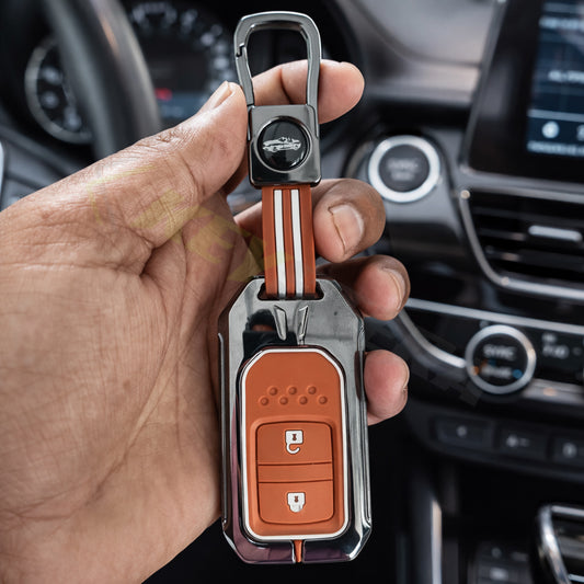Metal Sapphire Key Cover With Key Chain Compatible with Honda: Elevate, City, Jazz, Amaze, Accord, BR-V, CR-V, WR-V, Civic (2 button smart key)