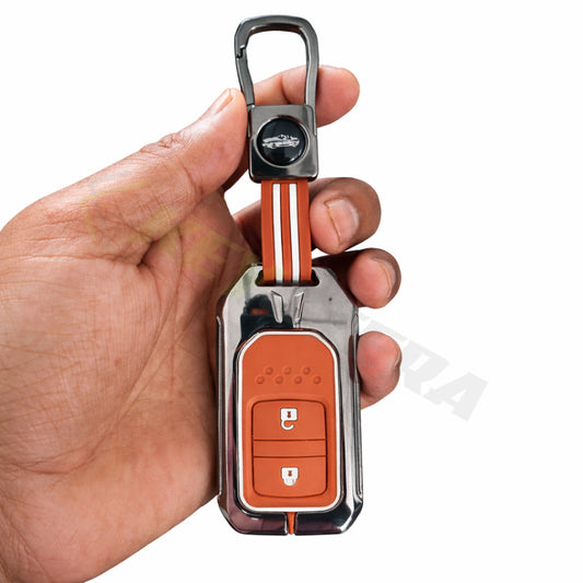 Metal Sapphire Key Cover With Key Chain Compatible with Honda: Elevate, City, Jazz, Amaze, Accord, BR-V, CR-V, WR-V, Civic (2 button smart key)