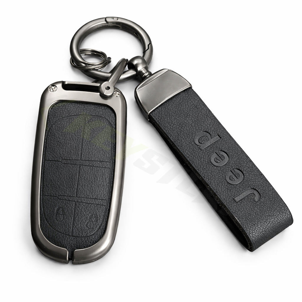 Metal Leather Black Car key cover Compatible for Jeep Compass, Jeep Compass Trailhawk smart key