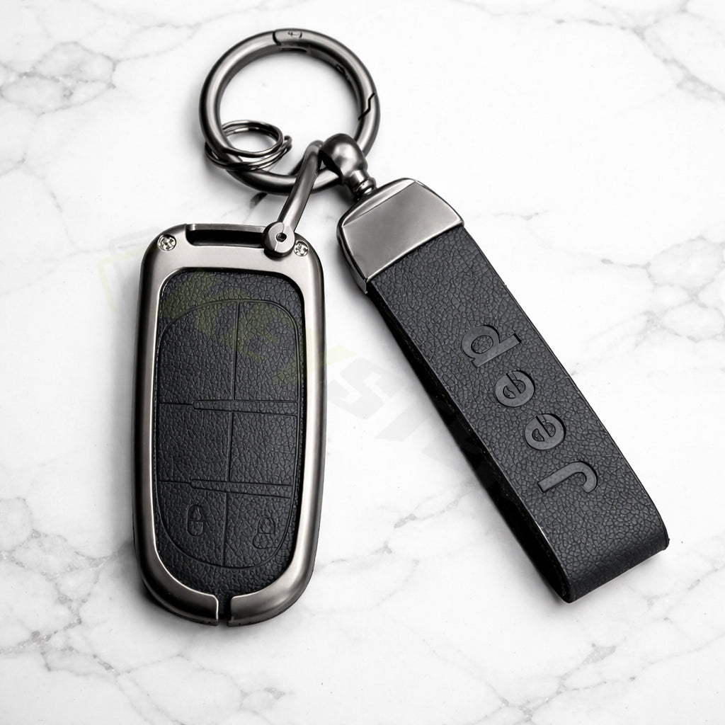 Metal Leather Black Car key cover Compatible for Jeep Compass, Jeep Compass Trailhawk smart key