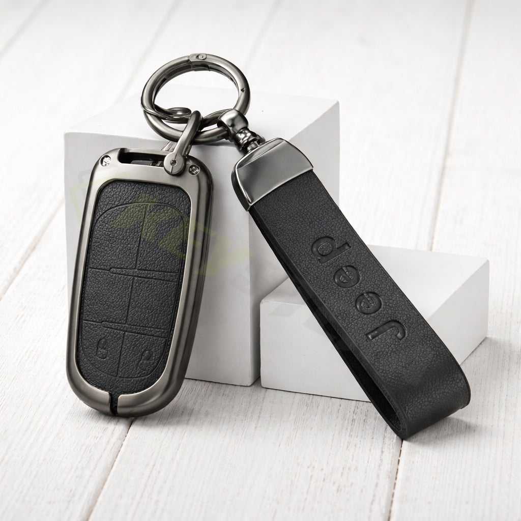 Metal Leather Black Car key cover Compatible for Jeep Compass, Jeep Compass Trailhawk smart key