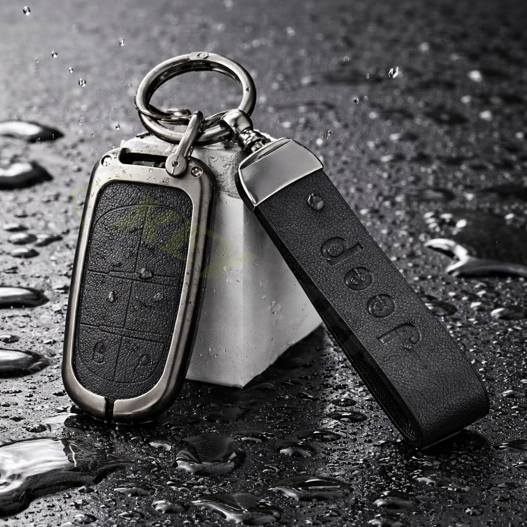 Metal Leather Black Car key cover Compatible for Jeep Compass, Jeep Compass Trailhawk smart key