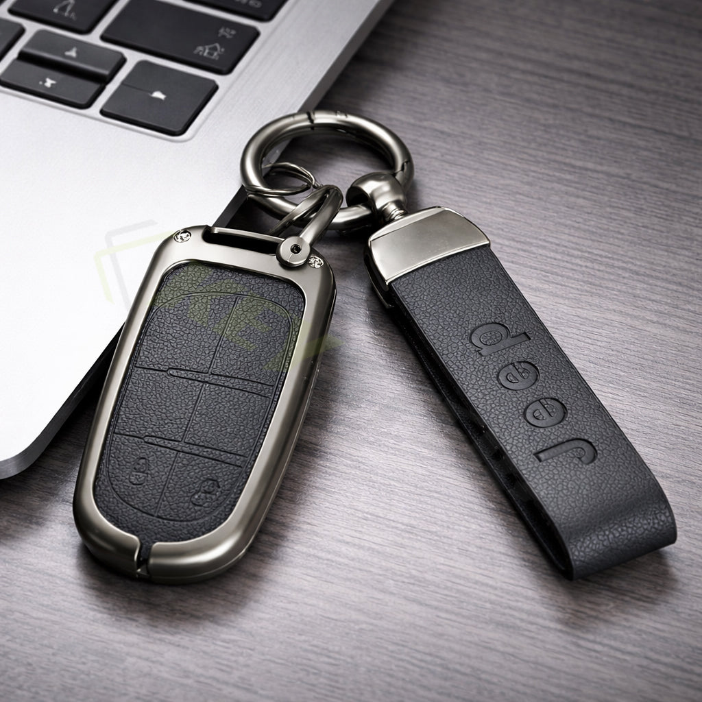 Metal Leather Black Car key cover Compatible for Jeep Compass, Jeep Compass Trailhawk smart key