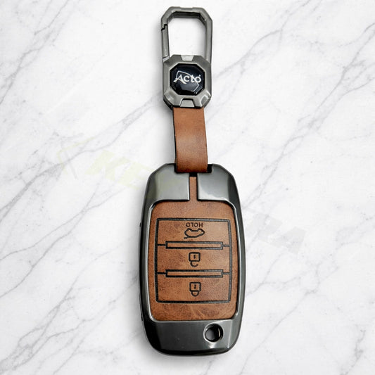 Metal Leather Brown Car Key Cover Compatible For Kia Seltos, Kia Sonet,Kia Carens (3 Button Flip Key)