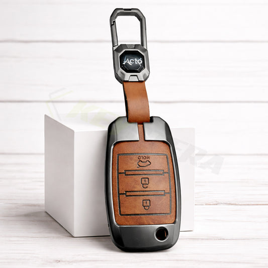 Metal Leather Brown Car Key Cover Compatible For Kia Seltos, Kia Sonet,Kia Carens (3 Button Flip Key)
