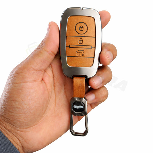 Metal Leather Brown Car Key Cover Compatible For Kia Seltos, Kia Sonet,Kia Carens,Kia Carnival (3 Button Smart Key)