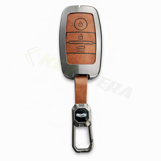 Metal Leather Brown Car Key Cover Compatible For Kia Seltos, Kia Sonet,Kia Carens,Kia Carnival (3 Button Smart Key)