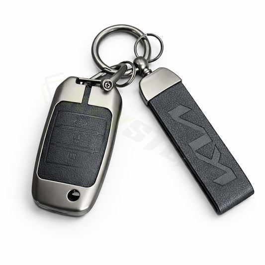 Metal Leather Black Key Cover Compatible For Kia Seltos, Kia Sonet,Kia Carens