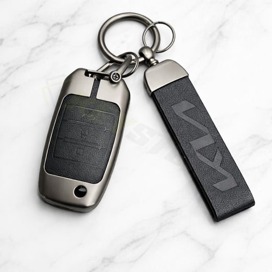 Metal Leather Black Key Cover Compatible For Kia Seltos, Kia Sonet,Kia Carens