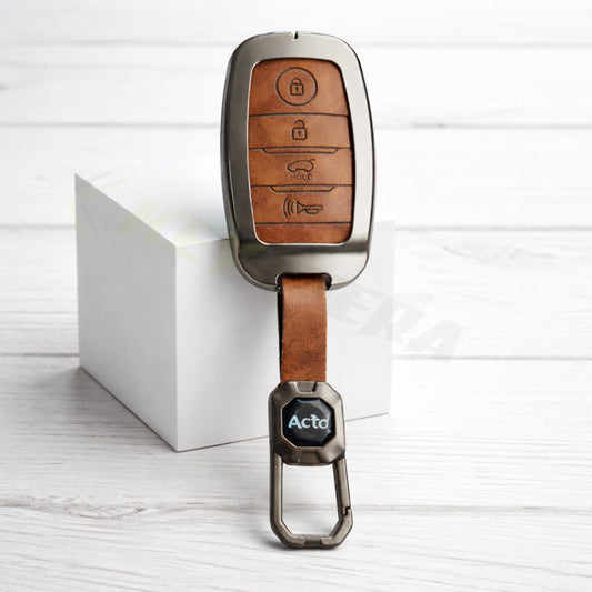 Metal Leather Brown Car Key Cover Compatible For Kia: Seltos, Sonet, Carens, Carnival (4 Button Smart Key)