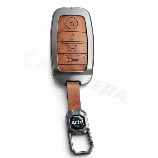 Metal Leather Brown Car Key Cover Compatible For Kia: Seltos, Sonet, Carens, Carnival (4 Button Smart Key)