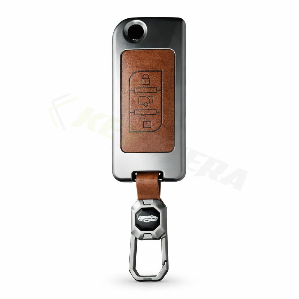 Metal Leather Brown Car Key Cover Compatible For Mahindra : XUV500 (3 Button Flip Key)