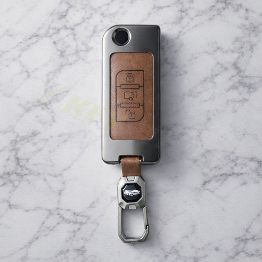 Metal Leather Brown Car Key Cover Compatible For Mahindra : XUV500 (3 Button Flip Key)