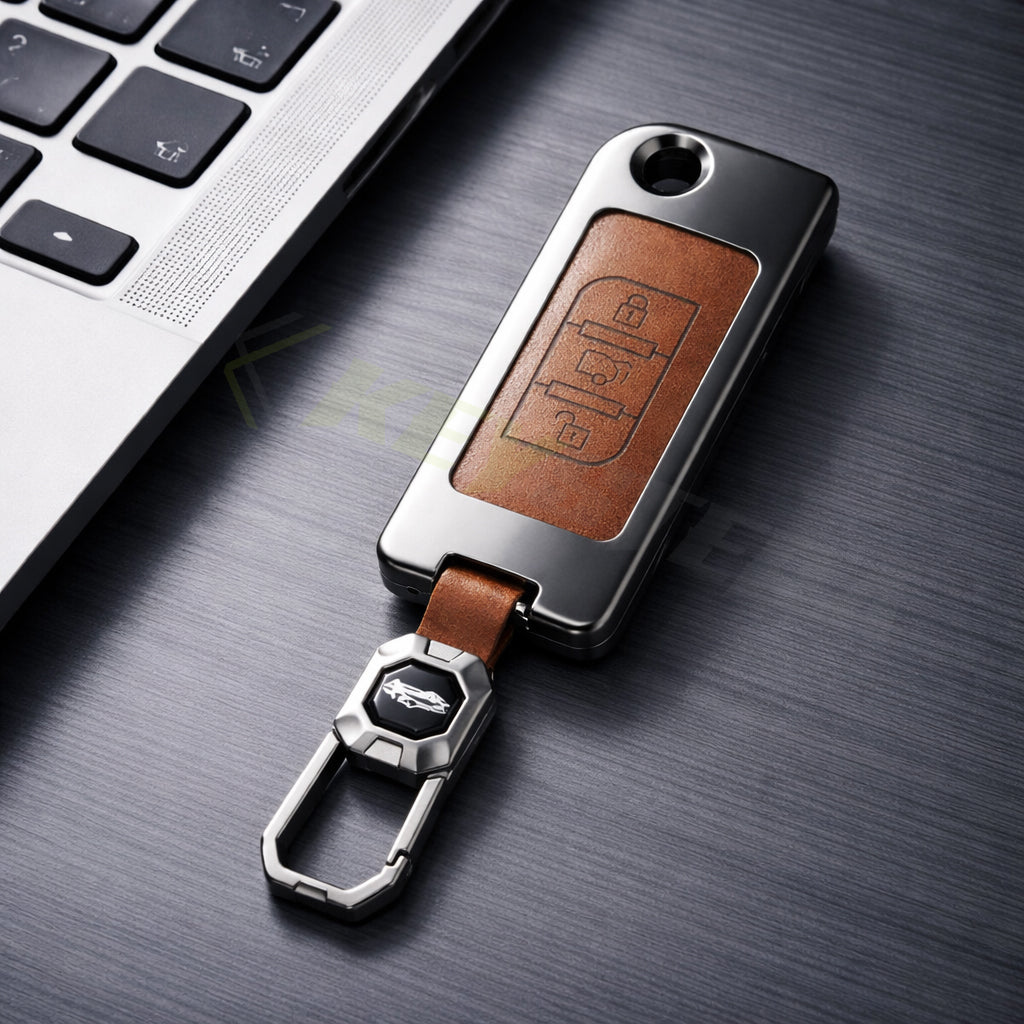Metal Leather Brown Car Key Cover Compatible For Mahindra : XUV500 (3 Button Flip Key)
