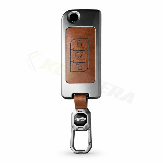 Metal Leather Brown Car Key Cover Compatible For Mahindra : XUV500 (3 Button Flip Key)