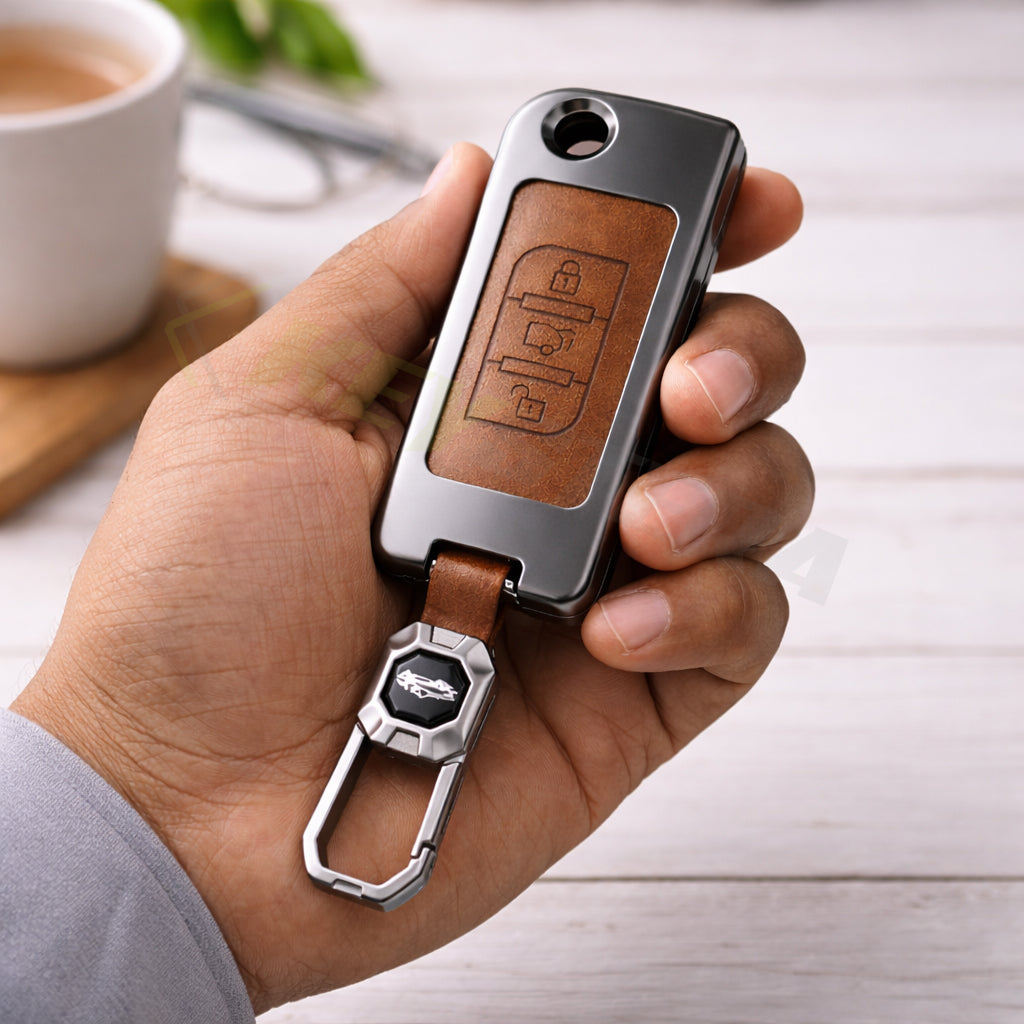 Metal Leather Brown Car Key Cover Compatible For Mahindra : XUV500 (3 Button Flip Key)