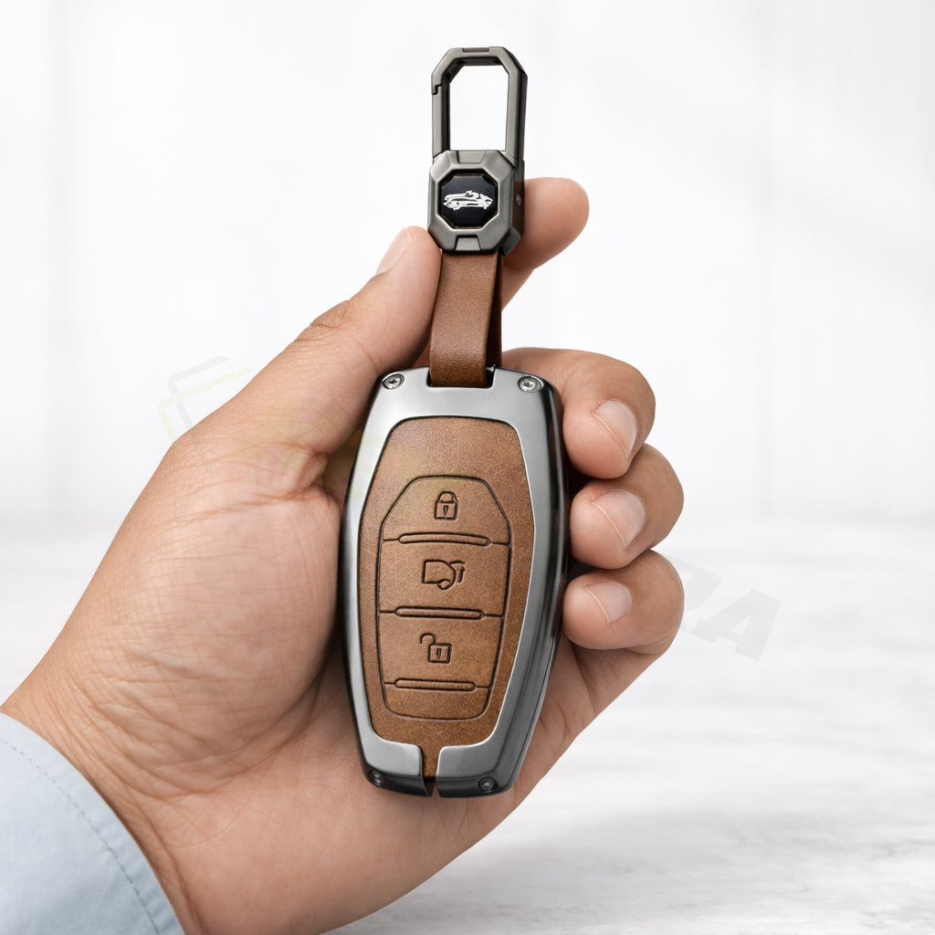 Metal Leather Brown Key Cover Compatible For Mahindra: XUV500 (3 button smart key)