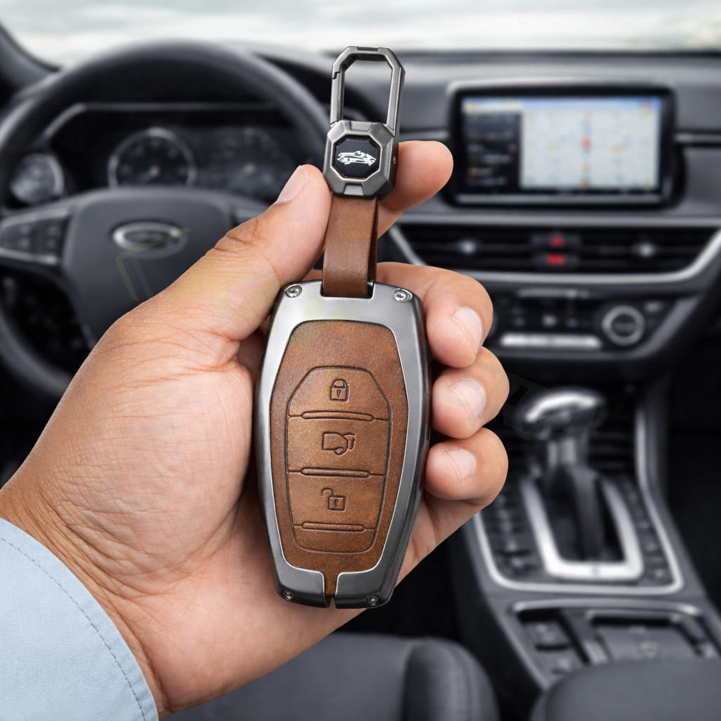 Metal Leather Brown Key Cover Compatible For Mahindra: XUV500 (3 button smart key)