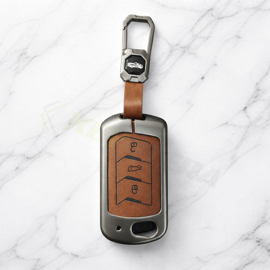 Metal Leather Brown Car Key Cover Compatible For Mahindra: Thar, Bolero, Scorpio, Scorpio-N, XUV700, XUV400, XUV3x0, XUV300, TUV300, Marazzo (3 button flip key)