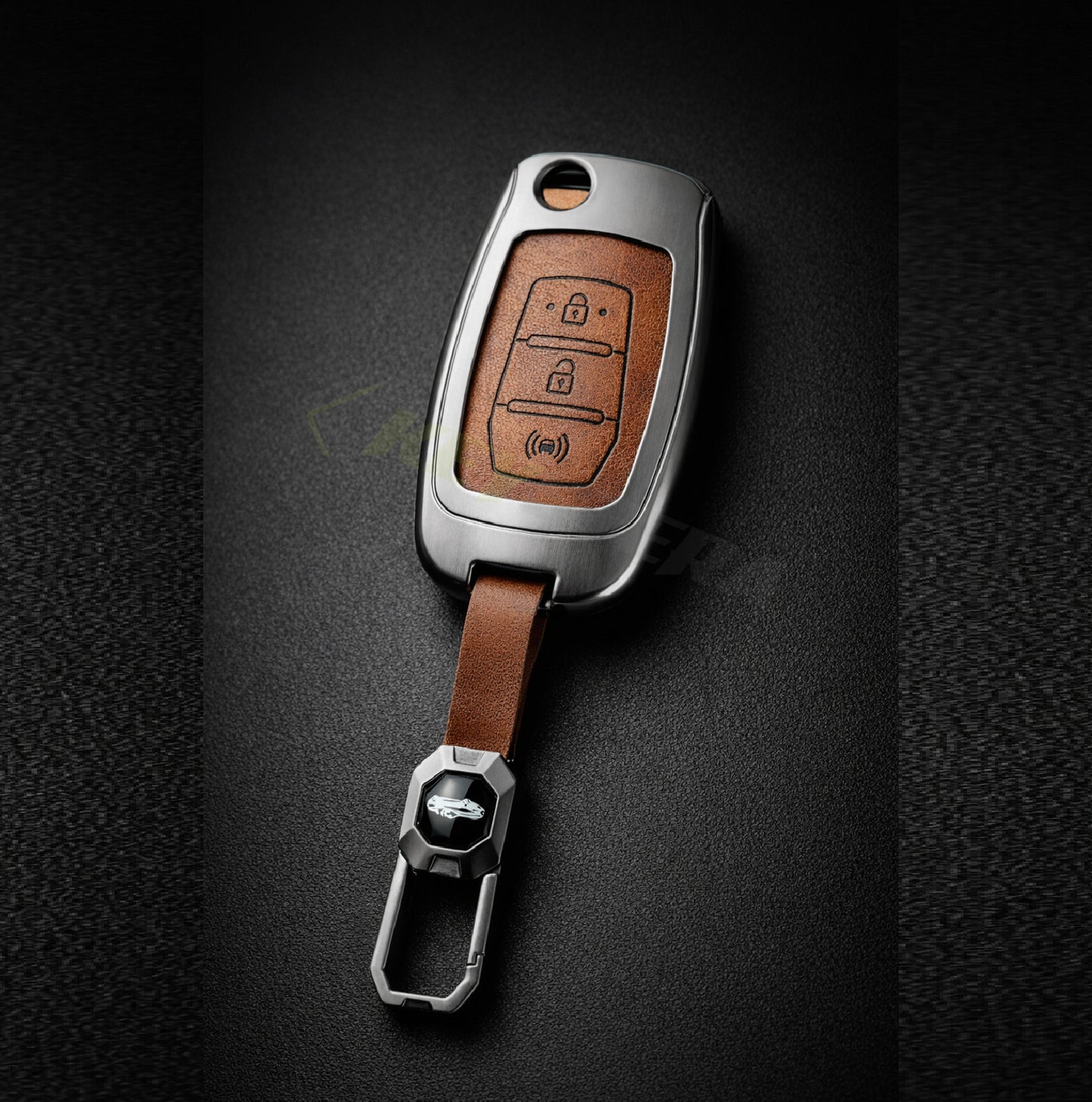 Metal Leather Brown Car Key Cover Compatible For Mahindra Alturas G4, XUV 300. ( 3 Button Flip Key)