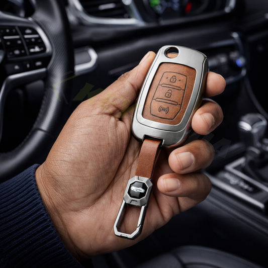 Metal Leather Brown Car Key Cover Compatible For Mahindra Alturas G4, XUV 300. ( 3 Button Flip Key)