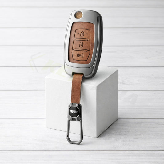 Metal Leather Brown Car Key Cover Compatible For Mahindra Alturas G4, XUV 300. ( 3 Button Flip Key)