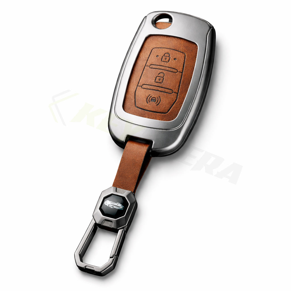 Metal Leather Brown Car Key Cover Compatible For Mahindra Alturas G4, XUV 300. ( 3 Button Flip Key)