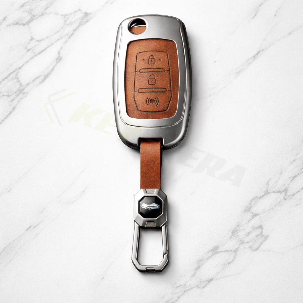 Metal Leather Brown Car Key Cover Compatible For Mahindra Alturas G4, XUV 300. ( 3 Button Flip Key)