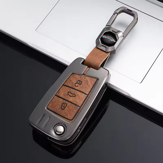 Metal Leather Brown Car Key Cover For Skoda Kushaq | Skoda Kodiaq | Skoda Slavia | Octavia | Volkswagen Tiguan | Volkswagen Virtus | New Polo | New Vento (3 Button Flip Key)