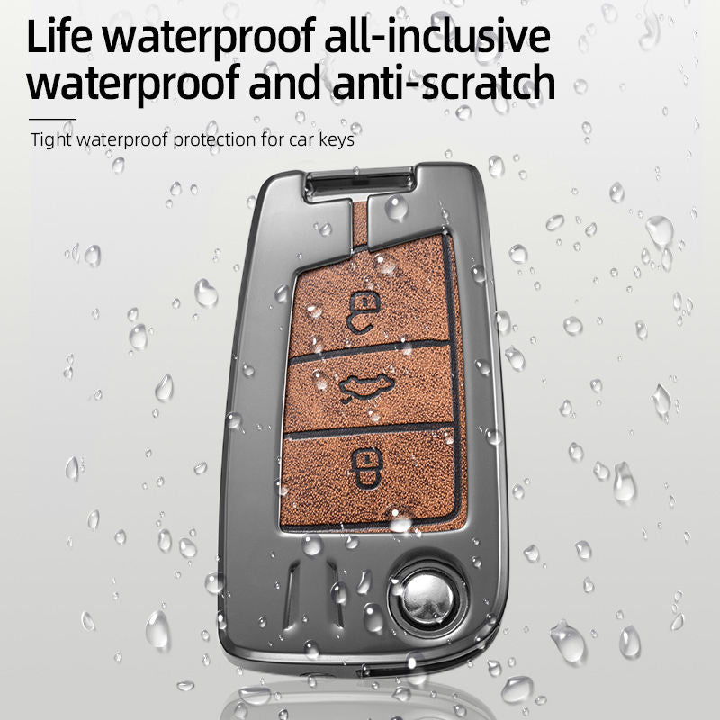 Metal Leather Brown Car Key Cover For Skoda Kushaq | Skoda Kodiaq | Skoda Slavia | Octavia | Volkswagen Tiguan | Volkswagen Virtus | New Polo | New Vento (3 Button Flip Key)