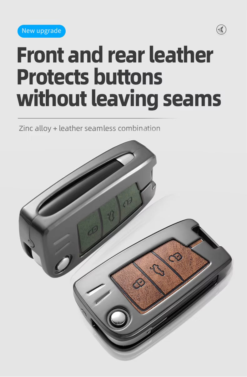 Metal Leather Brown Car Key Cover For Skoda Kushaq | Skoda Kodiaq | Skoda Slavia | Octavia | Volkswagen Tiguan | Volkswagen Virtus | New Polo | New Vento (3 Button Flip Key)