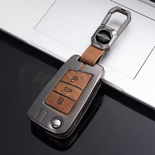 Metal Leather Brown Key Cover Compatible For Skoda Kushaq | Skoda Kodiaq | Skoda Slavia | Octavia | Volkswagen Tiguan | Volkswagen Virtus | New Polo | New Vento