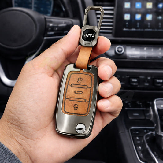 Metal Leather Brown Car Key Cover Compatible For Skoda : Octavia, Fabia, Laura, Superb, Rapid, Yeti & Volkswagen : Polo, Vento, Jetta, Ameo (3 Button Flip Key)