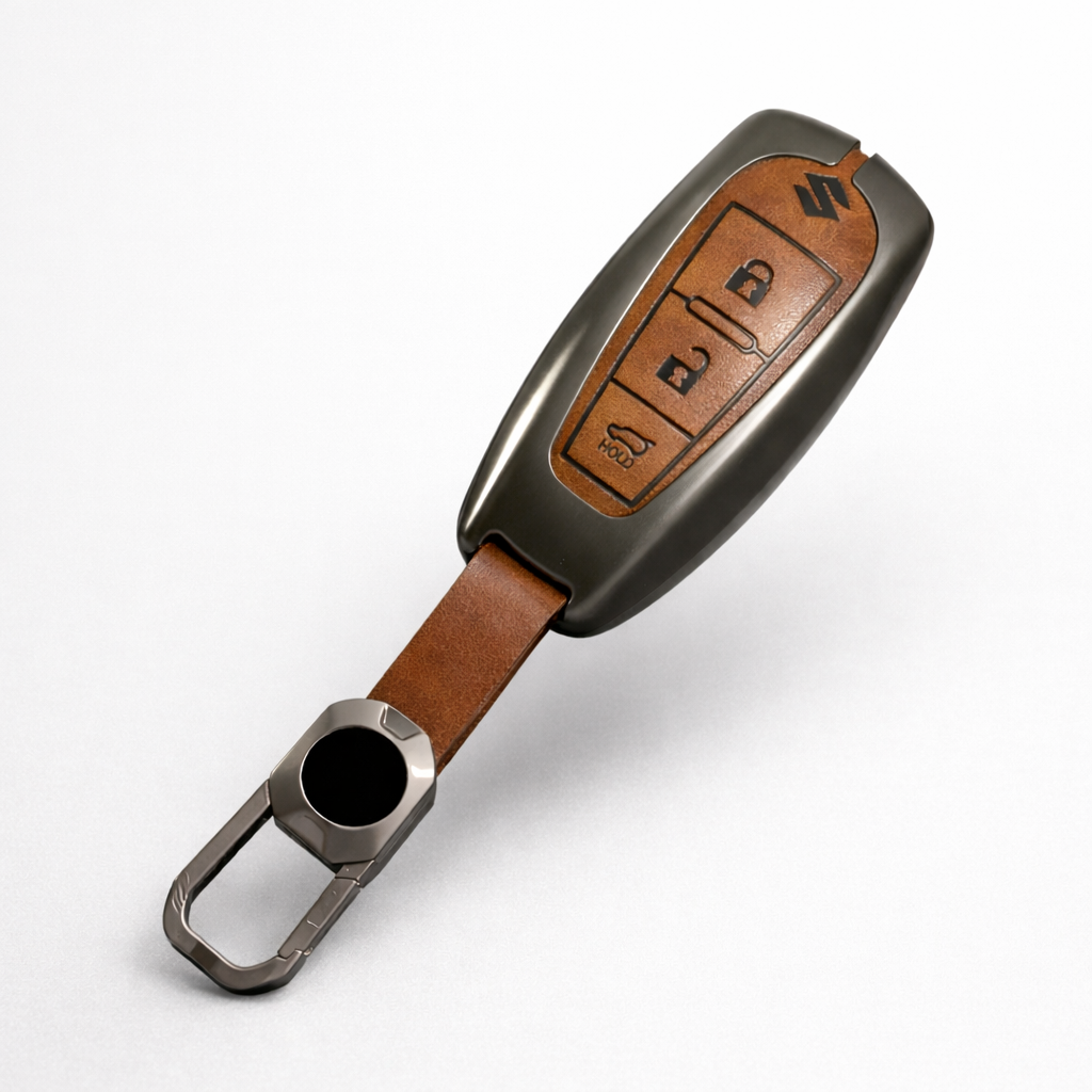 Metal Leather Brown Car Key Cover For Suzuki: Baleno, Ciaz, Grand Vitara, Brezza, S Cross, Swift, Ignis, XL6, Fronx, Jimny, Grand Vitara (3 button Smart Key)