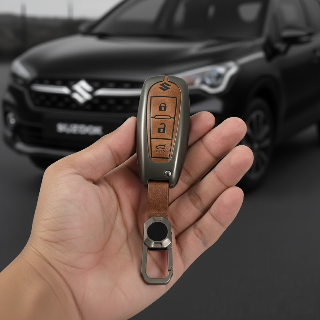 Metal Leather Brown Car Key Cover For Suzuki: Baleno, Ciaz, Grand Vitara, Brezza, S Cross, Swift, Ignis, XL6, Fronx, Jimny, Grand Vitara (3 button Smart Key)