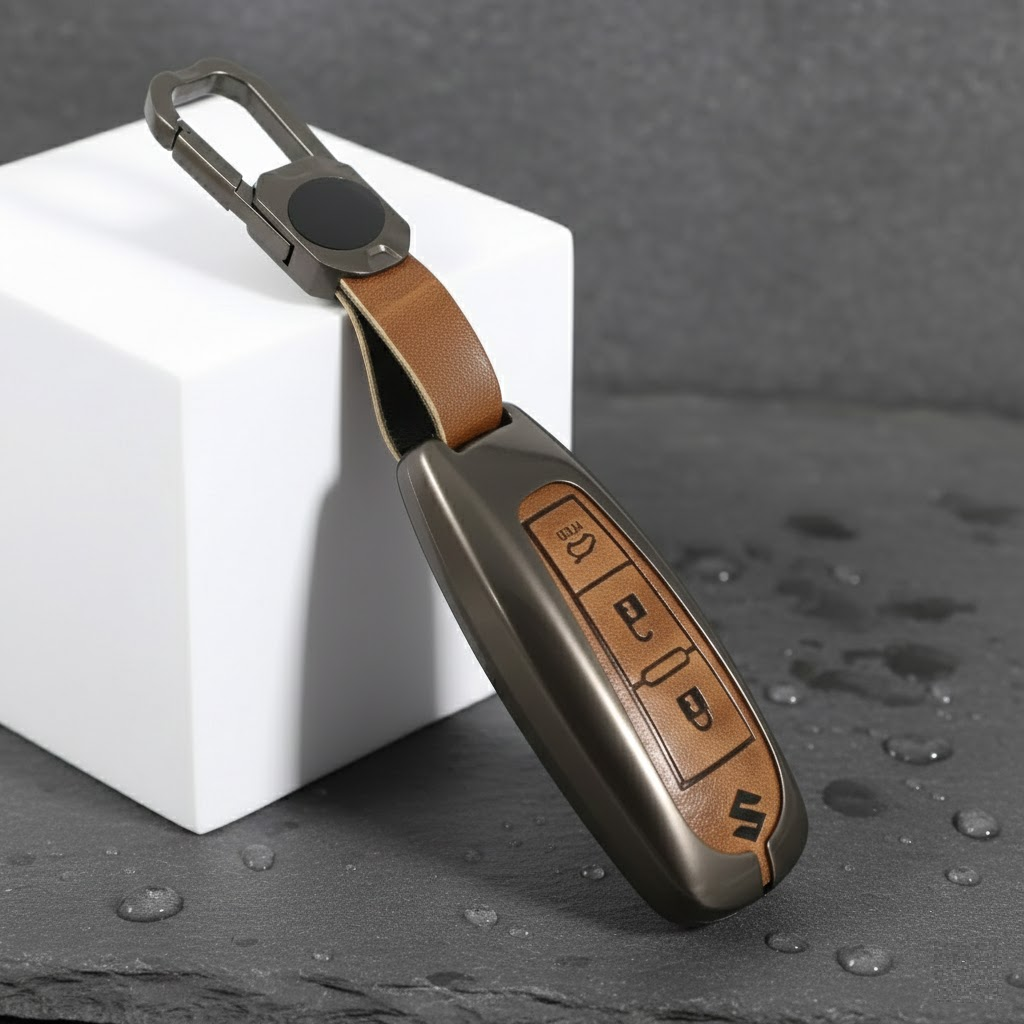 Metal Leather Brown Car Key Cover For Suzuki: Baleno, Ciaz, Grand Vitara, Brezza, S Cross, Swift, Ignis, XL6, Fronx, Jimny, Grand Vitara (3 button Smart Key)