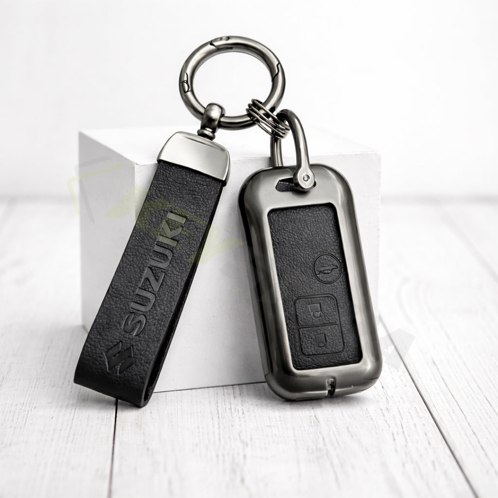 Metal Leather Black Key Cover Compatible For Suzuki : Baleno, Swift, Ertiga, XL6, DZire, Fronx, Scross, Celerio, Ciaz, Brezza, Grand Vitara, Jimny, Ignis