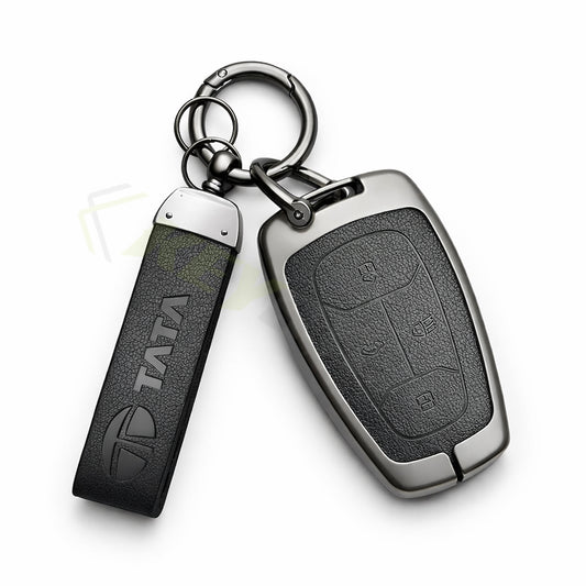 Metal Leather Black Key Cover Compatible For Tata: Nexon, Harrier,Tiago, Tigor BS6, Tigor EV, Safari 2021, Altroz, Safari Gold, Gravitas, Punch