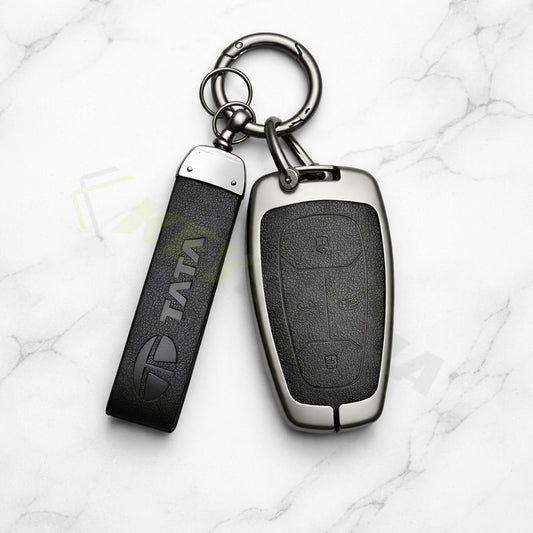 Metal Leather Black Key Cover Compatible For Tata: Nexon, Harrier,Tiago, Tigor BS6, Tigor EV, Safari 2021, Altroz, Safari Gold, Gravitas, Punch