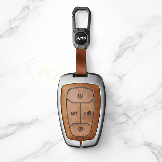 Metal Leather Brown Car Key Cover Compatible For Tata: Nexon, Harrier,Tiago, Tigor BS6, Tigor EV, Safari 2021, Altroz, Safari Gold, Gravitas, Punch