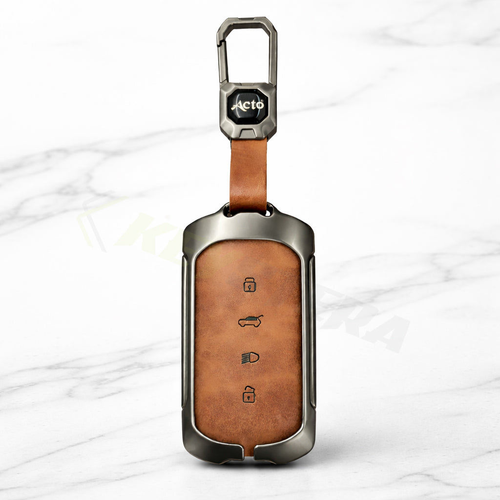 Metal Leather Brown Car Key Cover Compatible For Tata Sierra 2025, Curvv, Curvv EV (4 Button Smart Key)