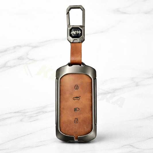 Metal Leather Brown Car Key Cover Compatible For Tata Sierra 2025, Curvv, Curvv EV (4 Button Smart Key)