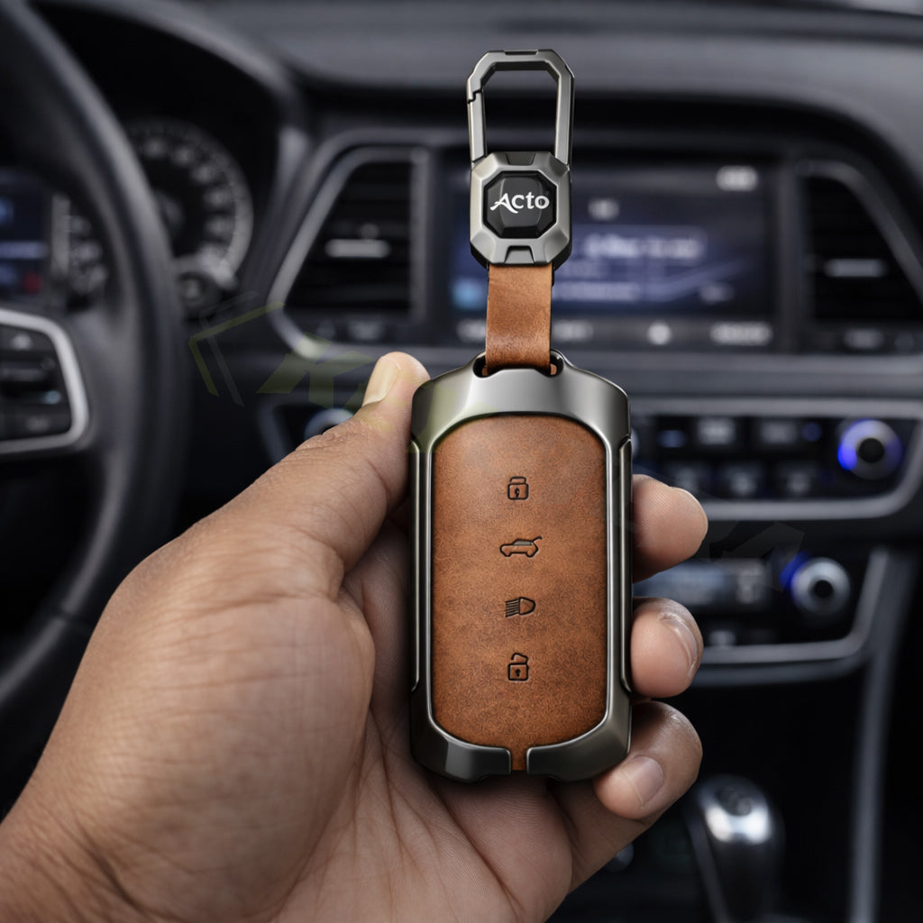 Metal Leather Brown Car Key Cover Compatible For Tata Sierra 2025, Curvv, Curvv EV (4 Button Smart Key)