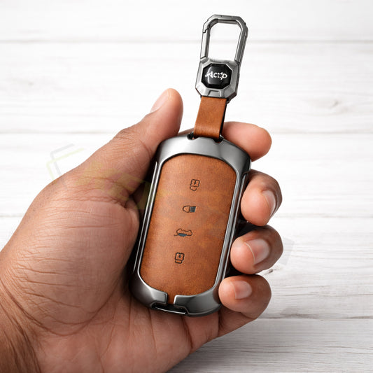 Metal Leather Brown Car Key Cover Compatible For Tata Sierra 2025, Curvv, Curvv EV (4 Button Smart Key)
