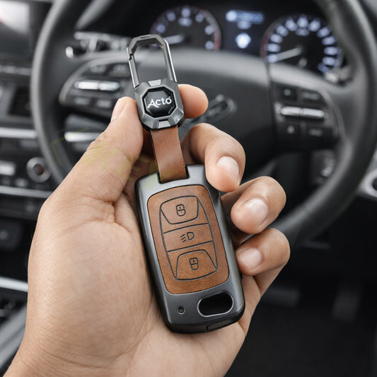 Metal Leather Brown car Key Cover Compatible For Tata: Nexon, Harrier, Safari, Altroz, Punch, Tiago, Tigor, Zest, Bolt, Hexa (3 button Flip Key)