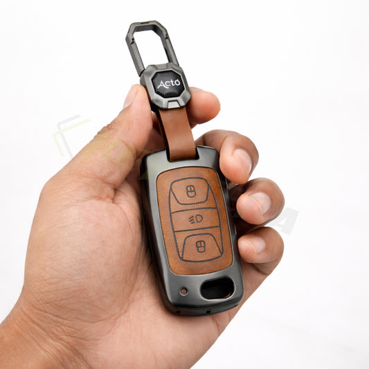 Metal Leather Brown car Key Cover Compatible For Tata: Nexon, Harrier, Safari, Altroz, Punch, Tiago, Tigor, Zest, Bolt, Hexa (3 button Flip Key)